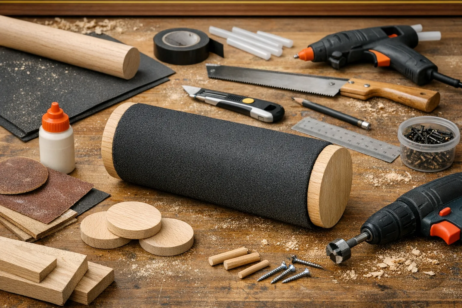 Schritt-fuer-Schritt Anleitung zum Bau einer Faszienrolle aus Holz und Schaumstoff